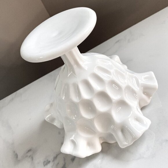 Vintage Milk Glass Thumbprint Bonbon Candy Dish Ruffled Edge Pedestal White 5" - Picture 7 of 7